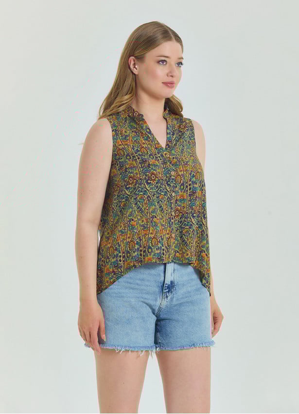 Shirt Collar Asymmetric Cut Petrol Bohemian Blouse 4563